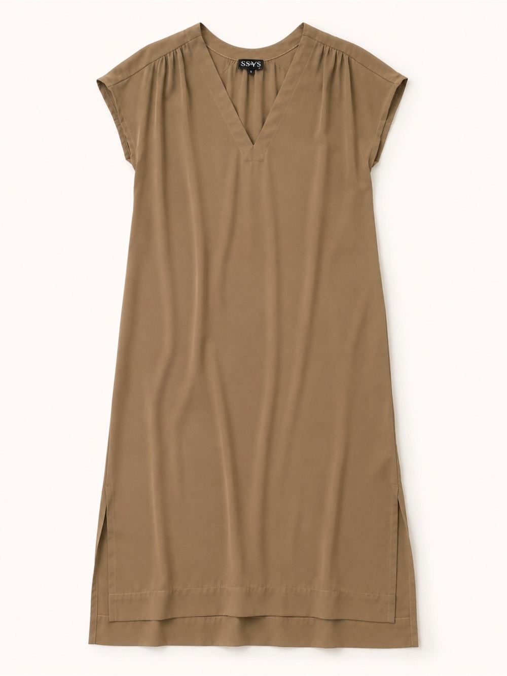 SSYS The Label | Light Mocha Midi Shift Dress V Neck Cap Sleeve Minimalist Small - Picture 2 of 10